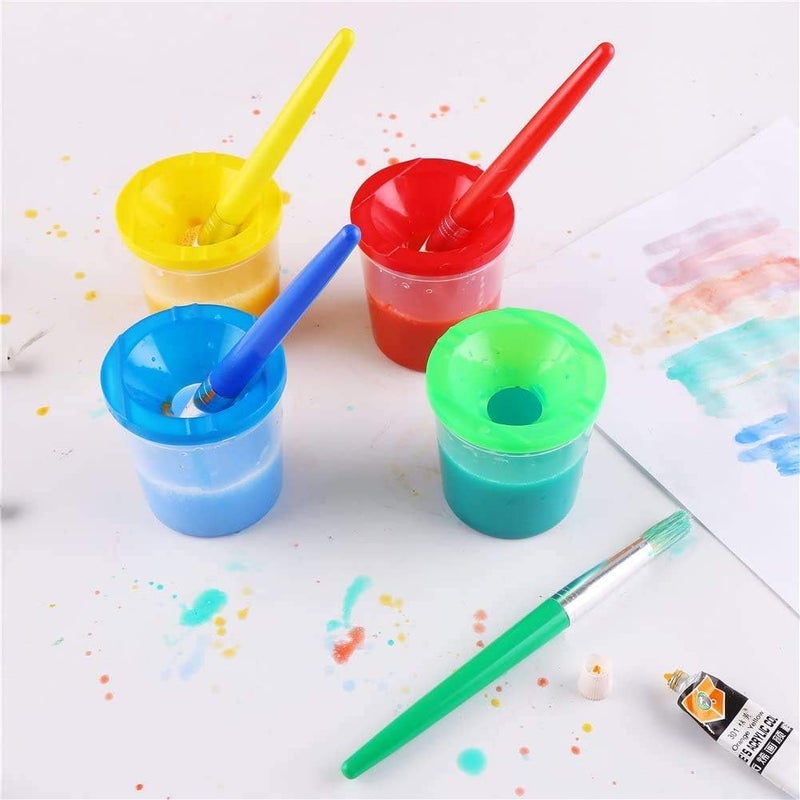 DIYASY 4 Pcs Kids No Spill Paint Cups and 4 Round Paint Brushes 4 Colors Spill Proof Paint Cups for Childrenâ€™ Art Class and Home. - Image 4